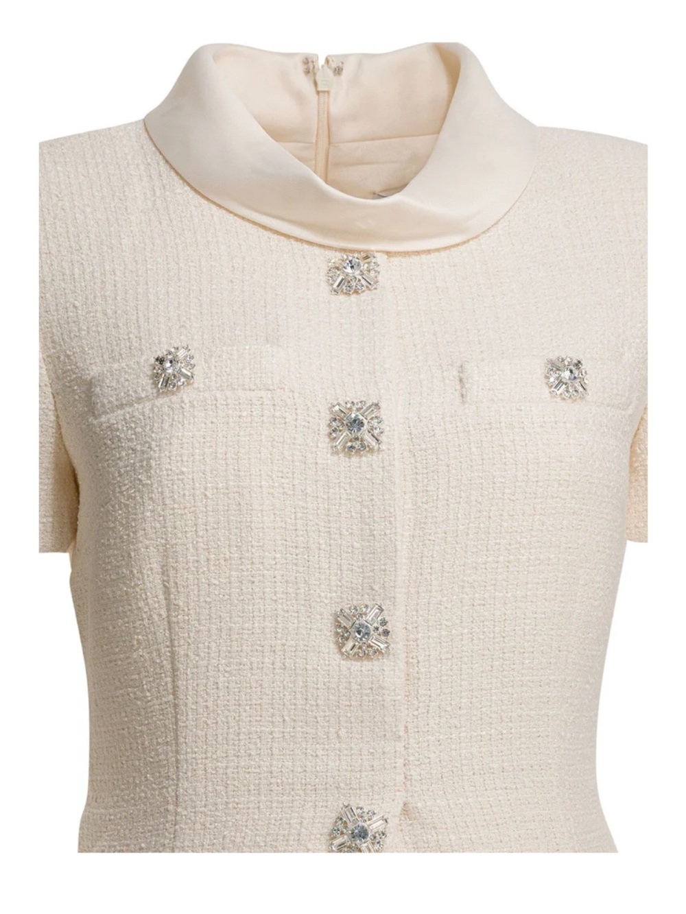 Self-Portrait Cream Tweed Dress with Crystal Buttons